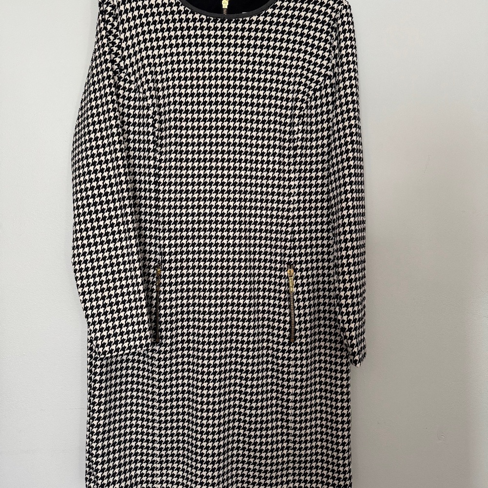 Michael Kors Womens Houndstooth Long Sleeve Sheath Dress Black White Gold Zip 14